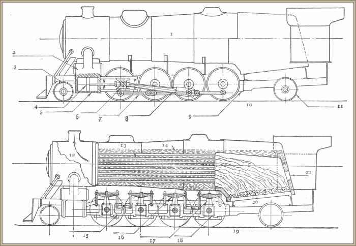 croquis de una locomorora,partes de una locomotora a vapor de agua